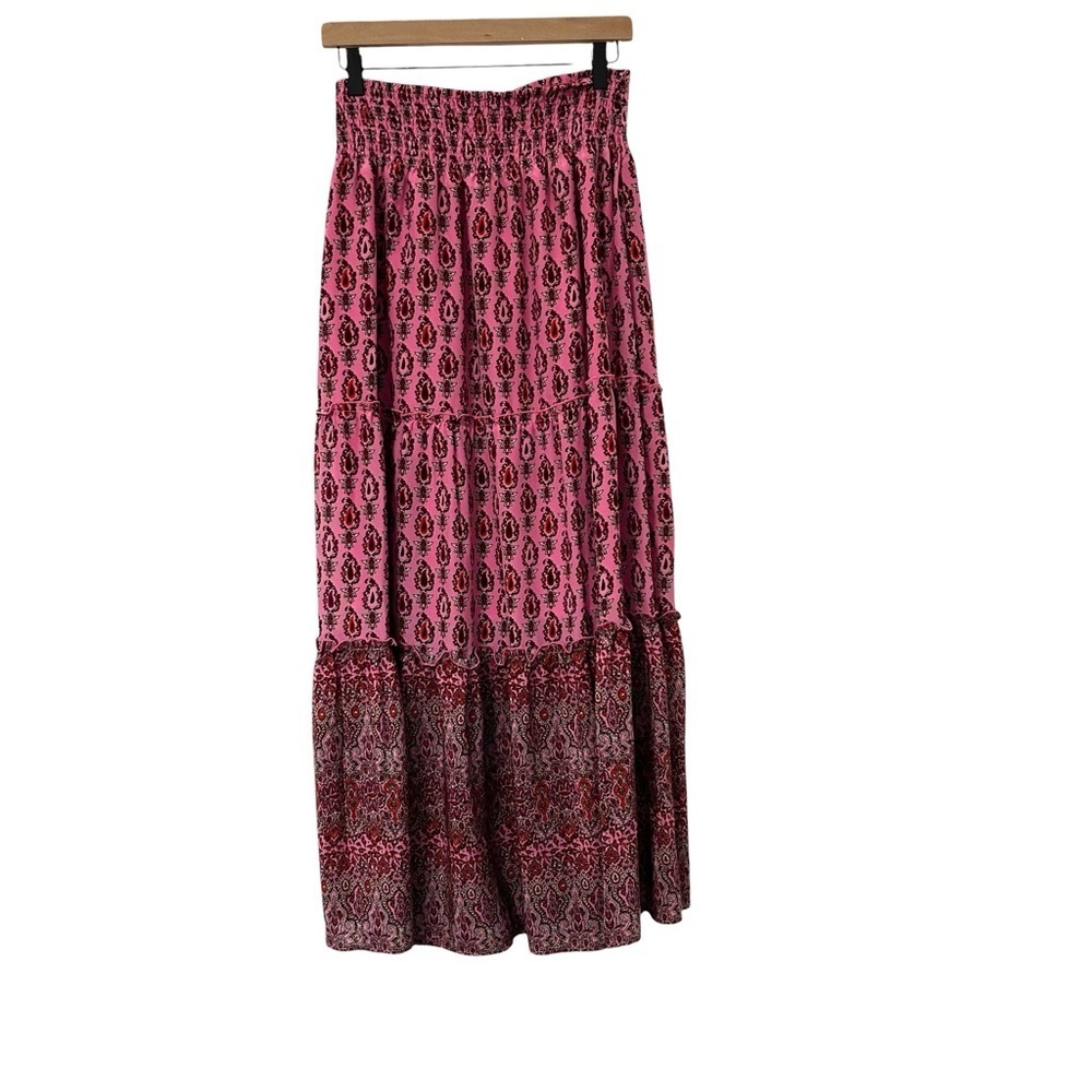 Gold Hawk 100% Silk Maxi Skirt Pink Paisley Size M Prairie Luxury Cottagecore - Picture 3 of 9